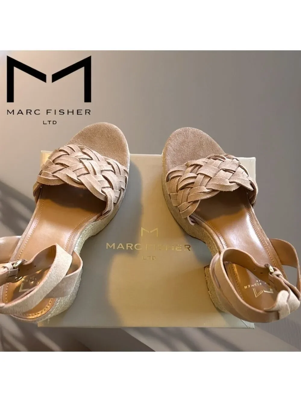 MARC FISHER Odilia Leather Upper Jute-Wrapped Platform Espadrille Wedge Sandals